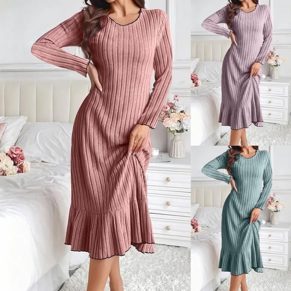 Bxsruta Womens Long Sleeve Midi Dress Ribbed Crew Neck Casual Pleated Dresses for Women