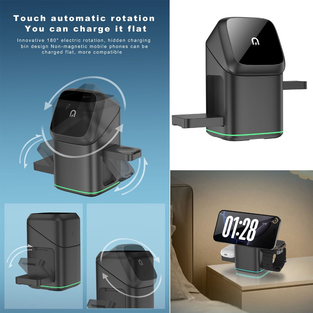 Magnetic 15W Fast Wireless Charging Rotating Metal Stand Station For Multiple Devices Phone Earphone Smartwatch Charging