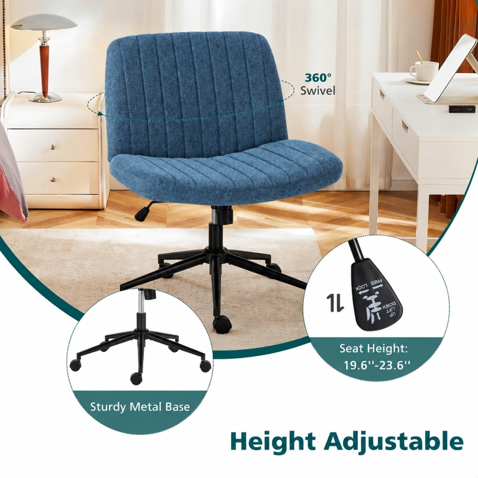 Kelno Armless Criss Cross Office Chair with Wheels 300lb Capacity Wide Seat Cross Legged Desk Chair Height Adjustable Swivel Vanity Chair, Blue Linen