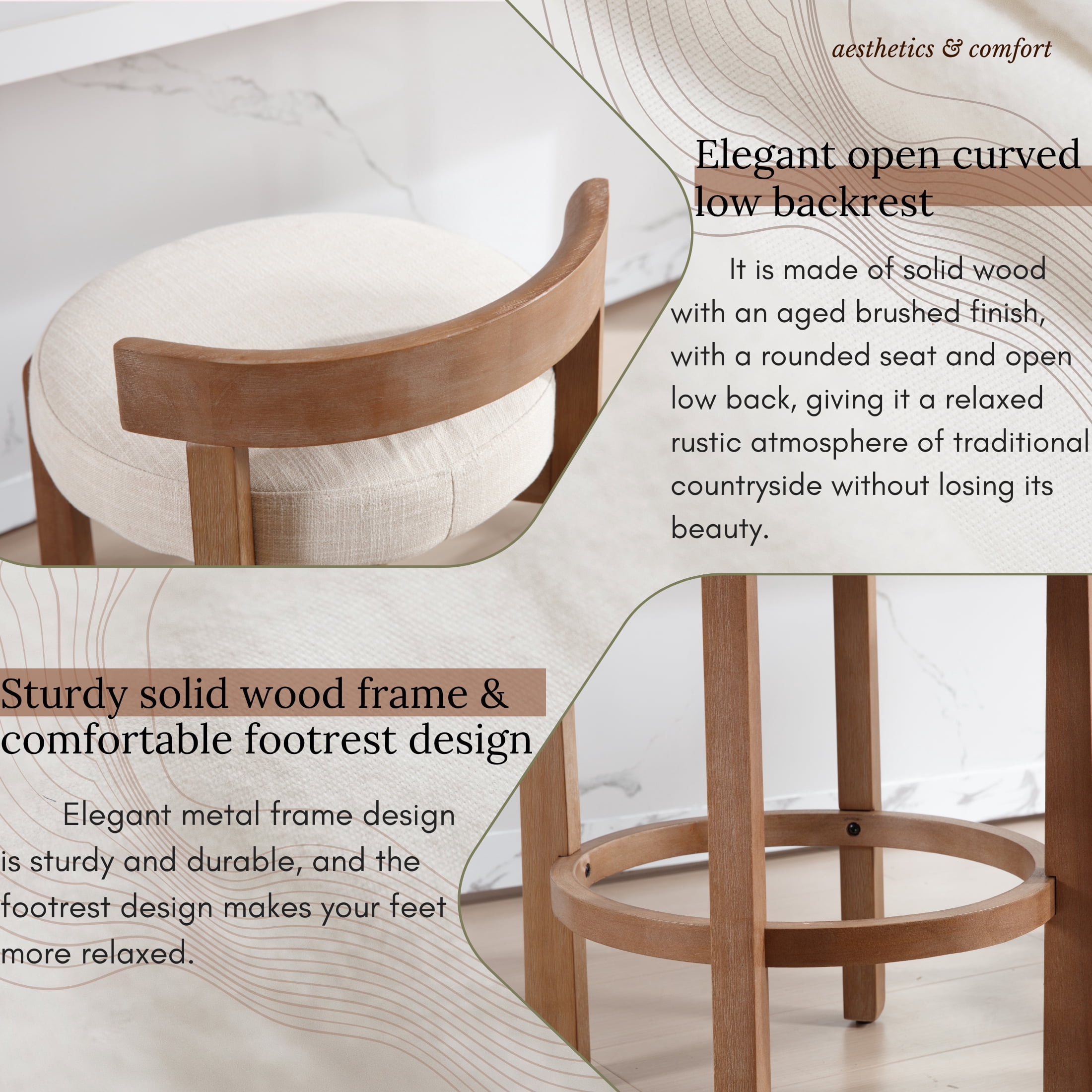 Guyou Counter Height Stools Set of 2, Mid Century Modern Armless Island Bar Stools with Curved Back and Wooden Frame, Round Kitchen Stools with Footrest for Restaurant Bar Kitchen Island, Beige