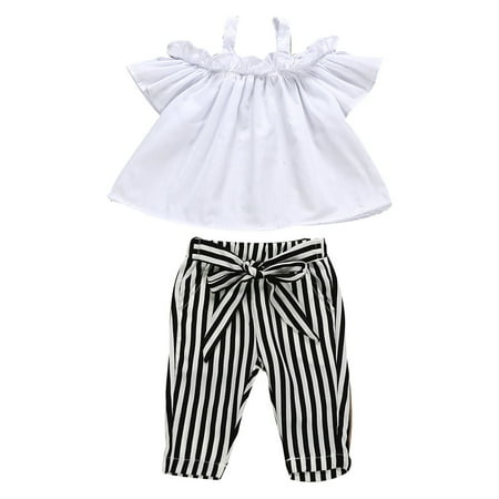 

Kids Baby Girl Bow Lace Halter Striped T shirt Tops+Pants Outfit Clothes Set