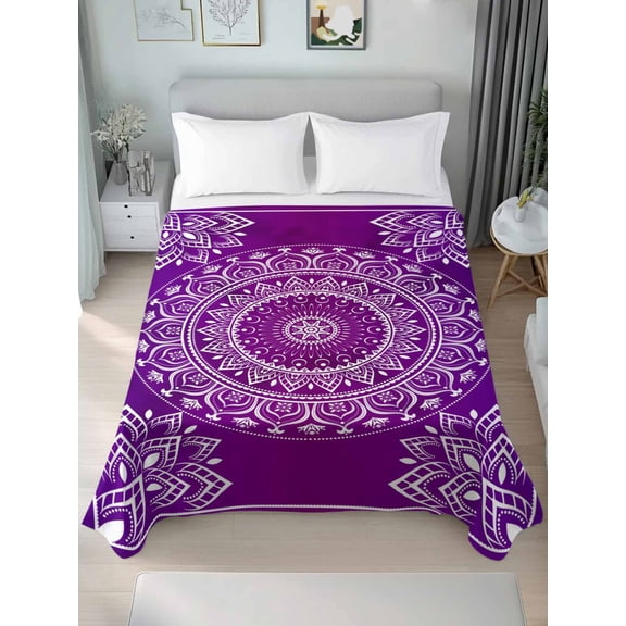 Queen Size Flat Sheet Only,Bohemian Flower Purple Gradient Ethnic Style Soft Top Bed Sheets Breathable Bedding Sheet Gorgeous Floral Microfiber Hotel Luxury Top Sheets