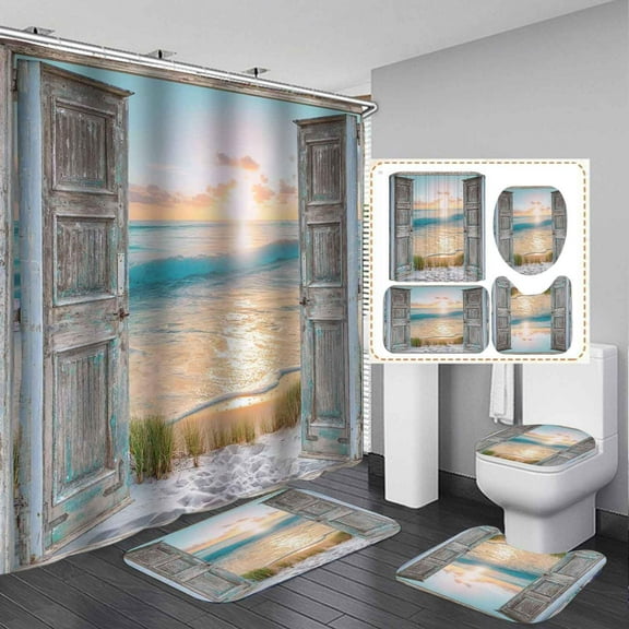4PCS Beach Ocean Shower Curtain Sets with Rugs, Waterproof Fabric Shower Curtain, Vintage Barn Door Sea Wave Summer Sunset Nature Scenery Landscape Coastal Hawaiian Seaside Bathroom Decor