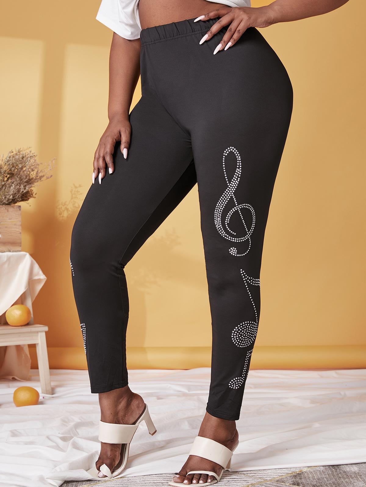 Studded Musical Notes Leggings Black 2X 