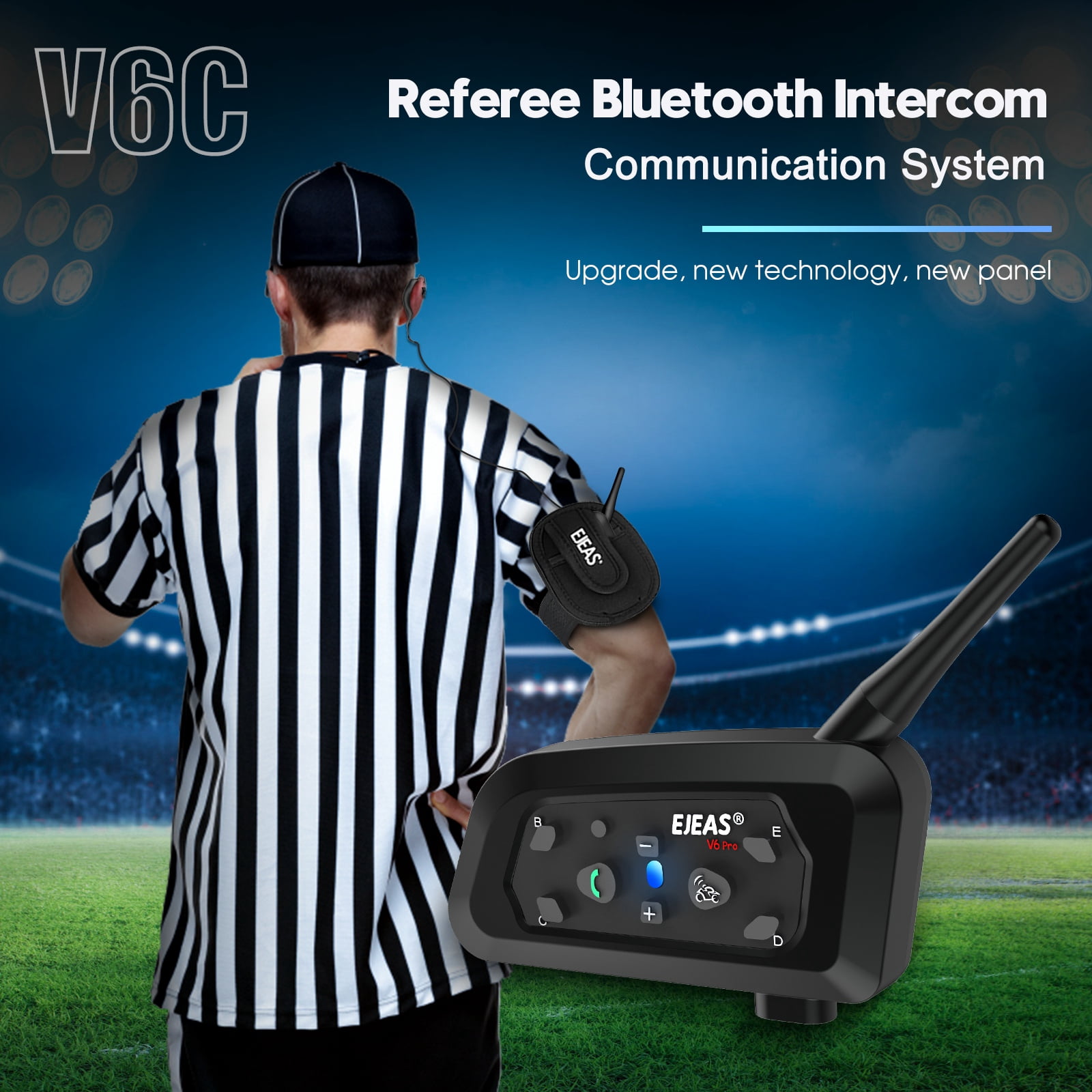 2PC EJEAS V6C Professional Football Referee Bluetooth Intercom, 2 People Wireless Bluetooth Headset with Running Armband