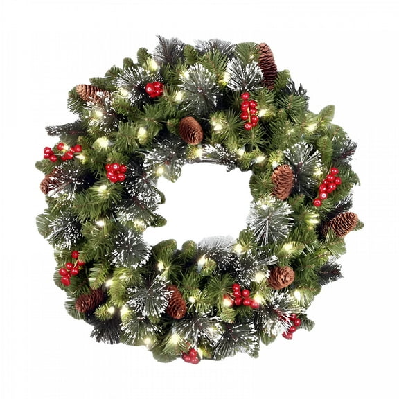 VANIDO Pre-Lit Artificial Christmas Wreath with Lights Decorated with Pine Cones Berry Clusters Frosted Branches Ball Ornaments lighted christmas wreath For Front Door Window Indoor Outdoor (18 Inch)