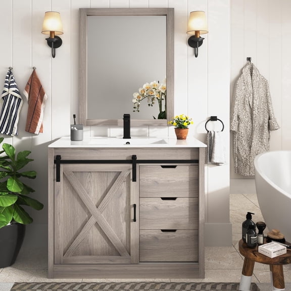 Blotout 36" Bathroom Vanity with Sink & Faucet & Mirror, Farmhouse Bathroom Vanity Cabinet Set with Sliding Barn Door & 3 Drawers, Freestanding Single Bath Storage Vanity Ceramic Sink, Grey