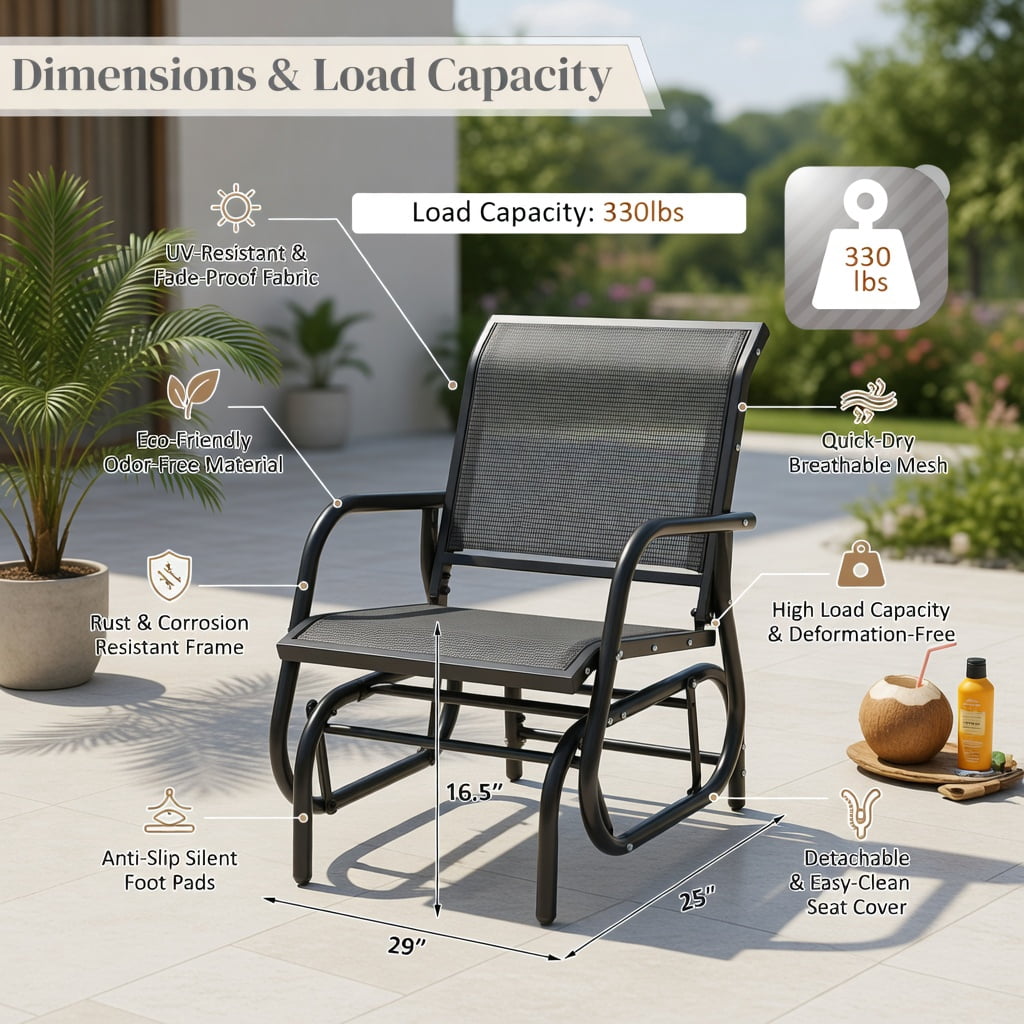 Hommoo Outdoor Single Swing Glider Rocking Chair, Heavy-Duty Steel Frame, Breathable Fabric Seat, Perfect for Patio, Deck & Backyard Relaxation, Gray