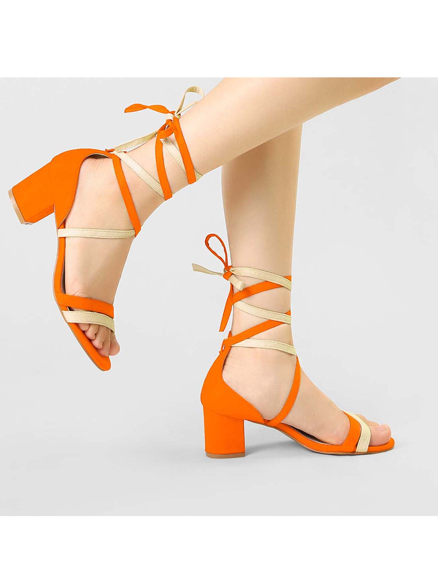 DARING DIVA Women's Open Toe Lace Up Color Block Heel Sandals 7 Orange