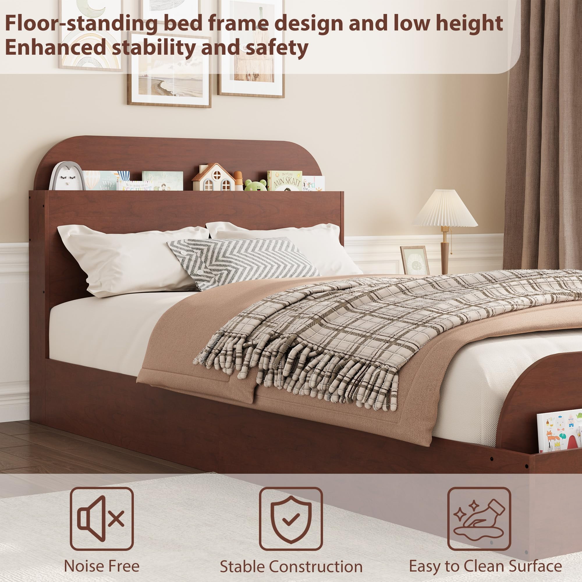 Twin Size Wooden Platform Bed Frame with Storage Headboard & Raised Footboard - Low Floor Bed, Heavy Duty & Noise-Free, No Box Spring Needed, Espresso