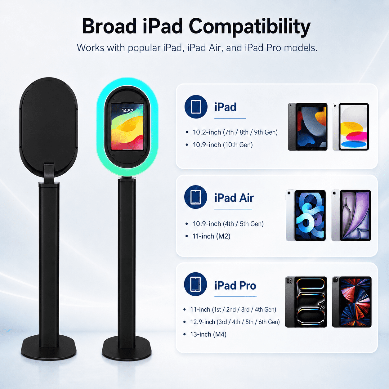 Portable iPad photo booth with flight case, metal selfie stand, and RGB ring light, perfect for parties, weddings, and rental businesses - compatible with 10.2-inch to 13-inch iPads.