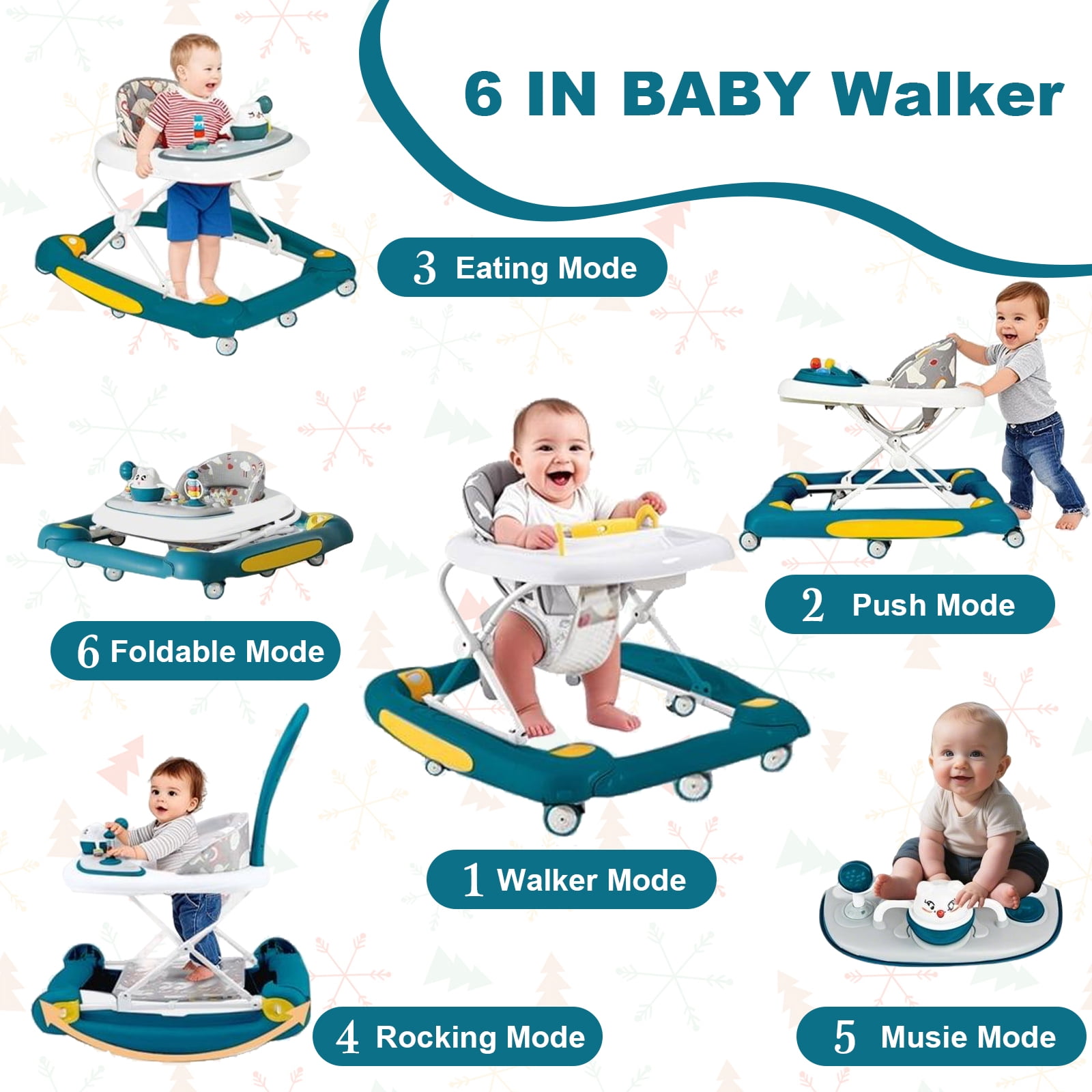 ManyFun Baby Walker, 6-in-1 Multi-functional Foldable Push Walker, 6-24 Months, Green