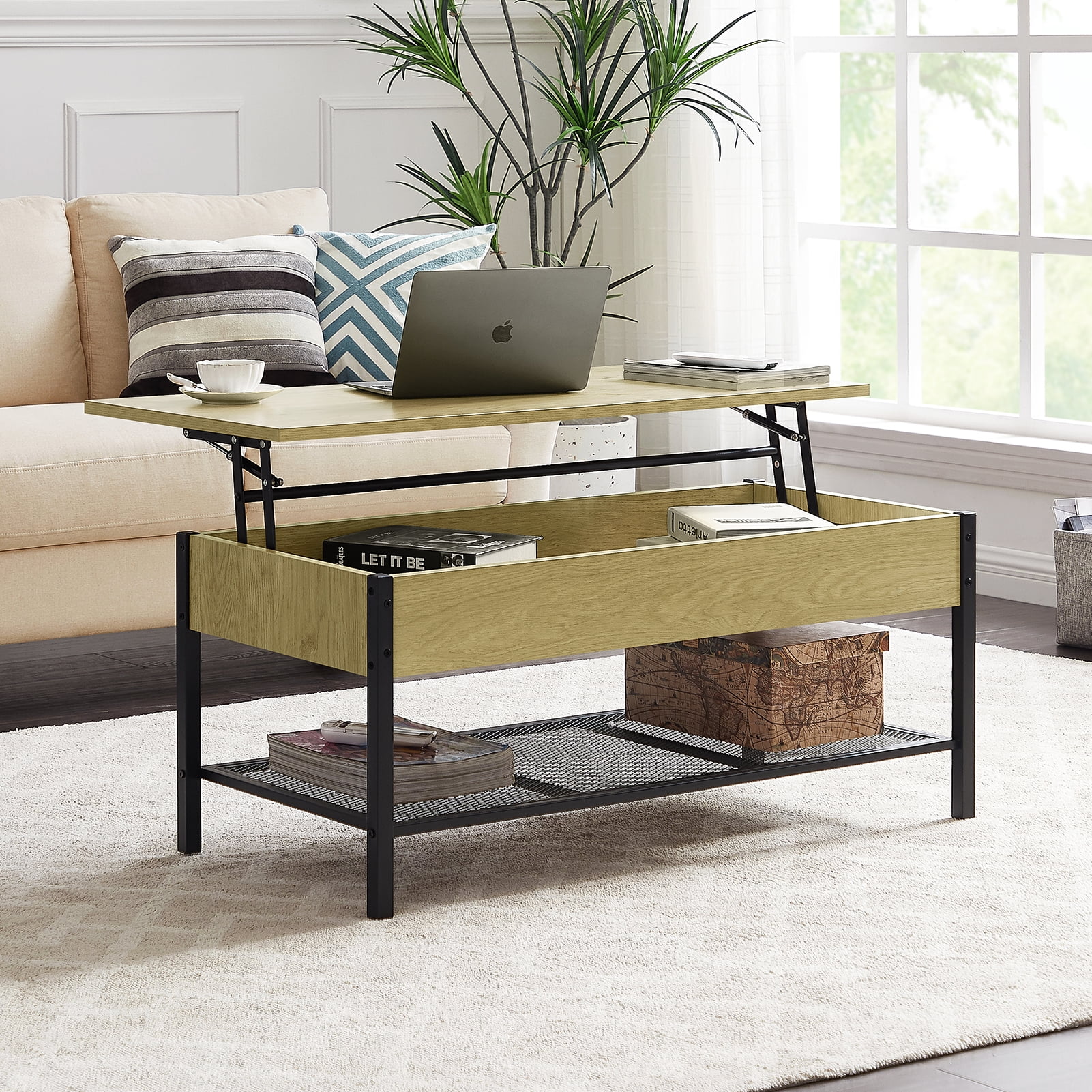 Kepooman Home Office Wood Lift Tabletop with Storage Shelf & Hidden Compartment, Metal Frame, Wood Color Kepooman Home Office Wood Lift Tabletop with Storage Shelf & Hidden Compartment, Metal Frame, Wood Color