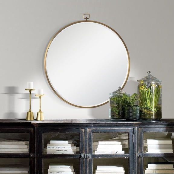 Signature Home Collection Metal Framed Beveled Round Wall Mirror - 34” - Antique Bronze Finish