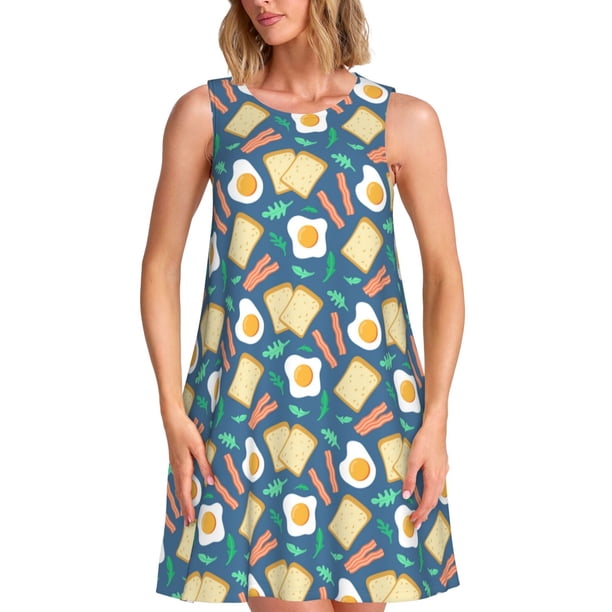 Fotbe Eggs Toast Bacon And Arugula Vestido de Verano sin Mangas para Mujer – Vestido Midi Línea A, Estilo Camiseta Floral, Vestido Playero Casual y Fluido