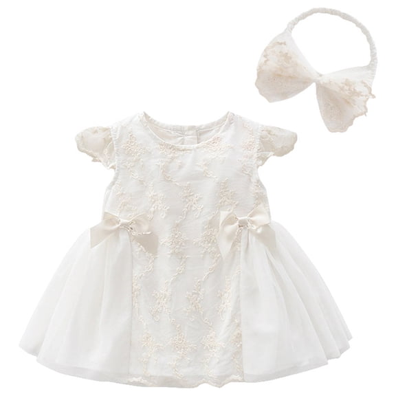 Tigivemen Summer Dresses for Baby Girls Lace Flutter Sleeve Dress with Bow Headband 2Pcs Toddler Girl Outfits Size 12-18 Months