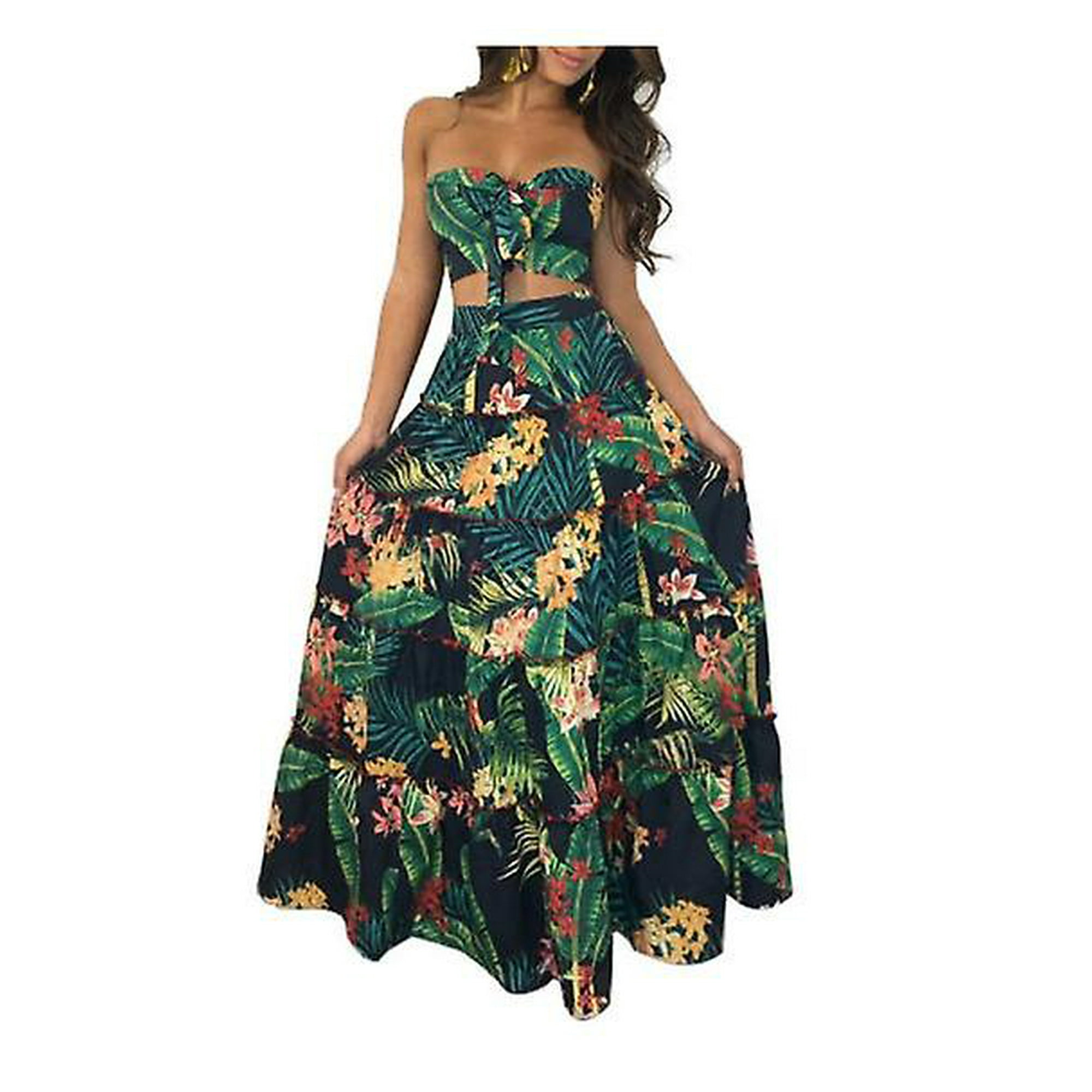 Women s Hawaiian Print Dress Set 2pcs Beach Dress S Walmart