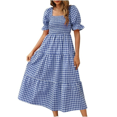 

YANHOO Women s Bohemian Summer Plaid Square Neck Puff Sleeve Ruffle Flowy Beach Midi Dresses for Women 2023