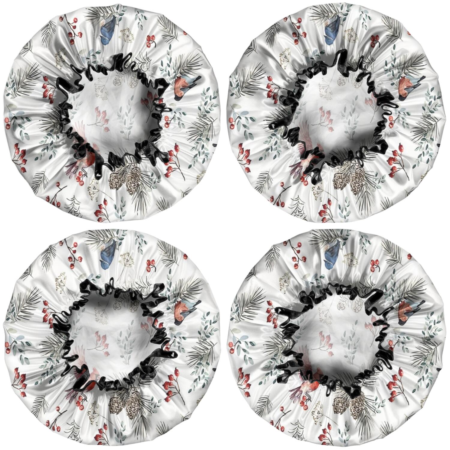 Shower Caps,White Christmas Bird and Pine Pattern Waterproof Shower Cap for Women 4 Pieces,Double Reusable Hair Cover for Shower PEVA Elastic Stretch Hem