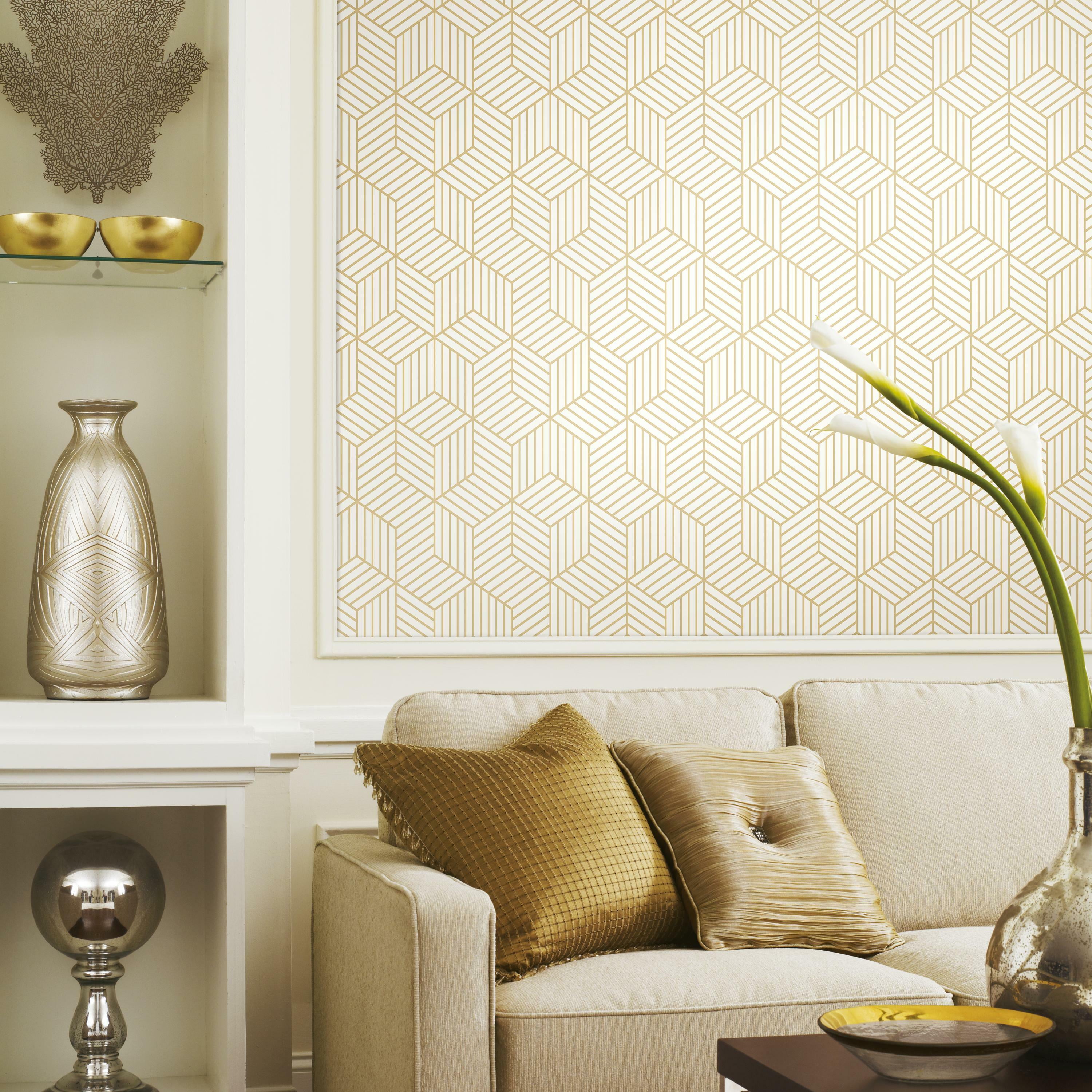 RoomMates Striped Hex Gold Peel and Stick Wallpaper, 1 Count