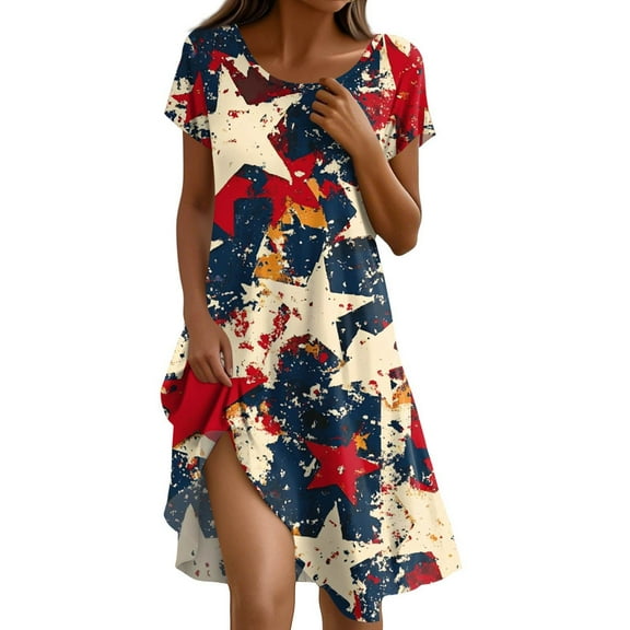 Women's 4th of July Patriotic Dress, Women Independence Day Theme Round Neck American Flag Print Sundress, Short Sleeve Loose Fit Casual Dress with Pockets,Vermilion S