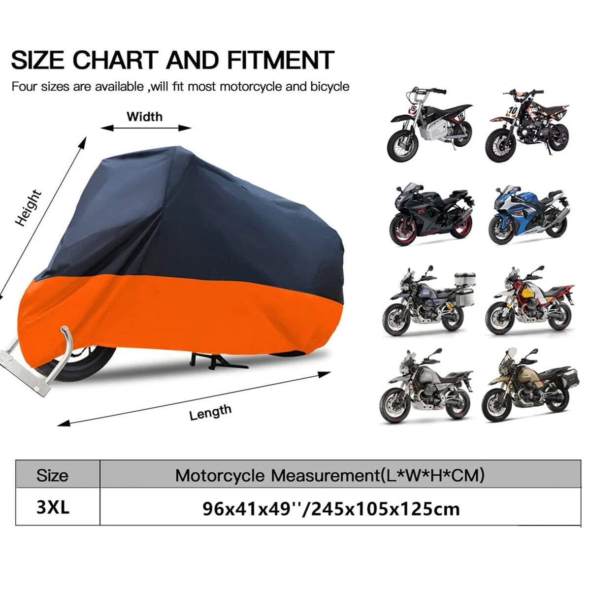 Waterproof Motorcycle Cover for Outdoor Storage, All Season Protection with Lock Holes, Windproof Design and Storage Bag, Fits up to 103" Motorcycles
