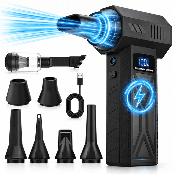 3-in-1 Air Duster and Vacuum Cleaner, 150000RPM High-Speed 4-Speed Adjustable Blower with Screen Display and LED Lights,Dust Remover for Computer/House/Outdoor/Car, Black