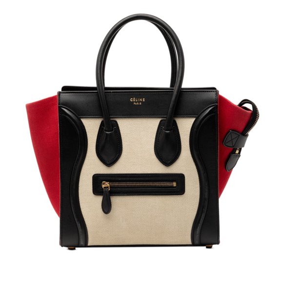 Pre-Owned Celine Luggage Micro Shopper Tricolor Handbag, Beige, Black, Red, Canvas, Leather,...