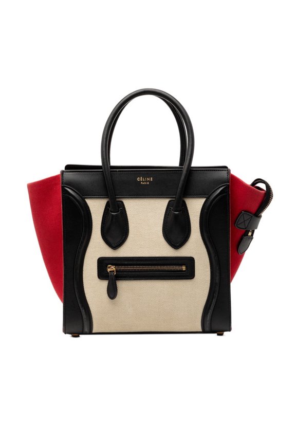 Pre-Owned Celine Luggage Micro Shopper Tricolor Handbag, Beige, Black, Red, Canvas, Leather,...
