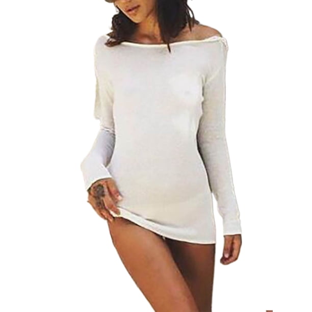Txlixc Vestido sexy de mujer, vestido de cadera de manga larga de cuello redondo de color sólido Txlixc moda