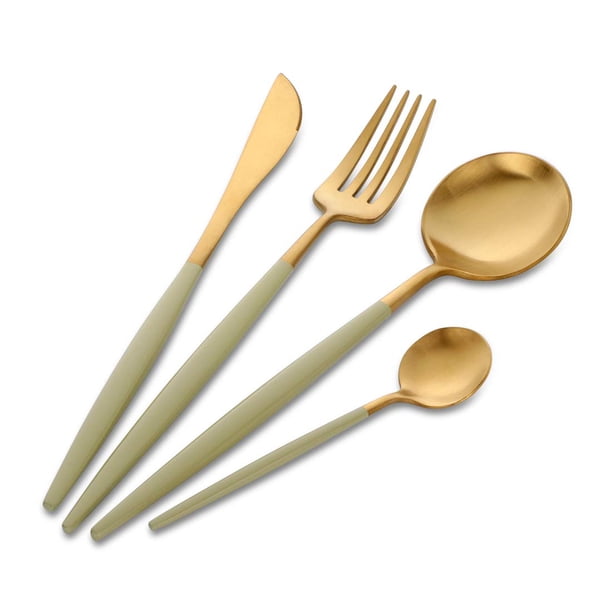 4-Piece Gold & Green Cutlery Set, Buyer Star Stainless Steel Flatware ...