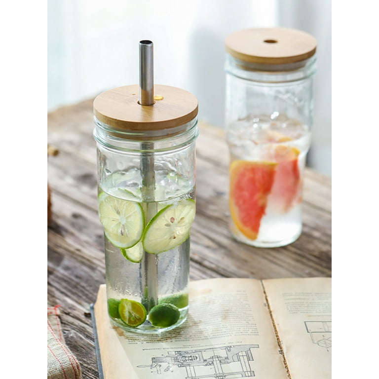 Reusable Glass Cup Glass Jar Bamboo Lids with Hole Straw for Mason
