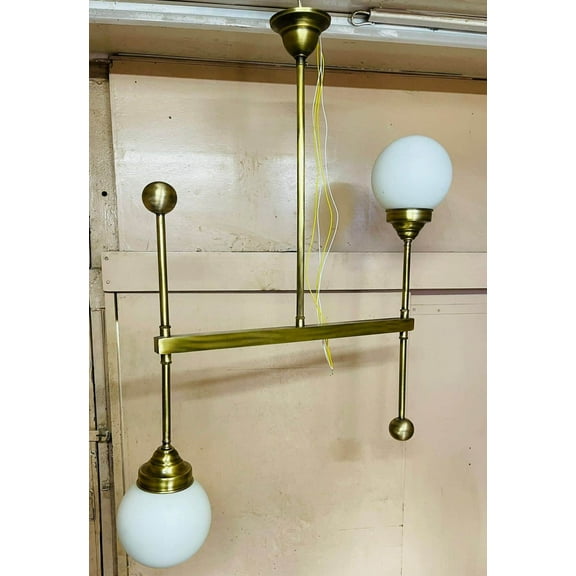Vintage Old Antique Brass Bauhaus Ceiling Hanging Chandelier Light Lamp With Milky Glass Shades