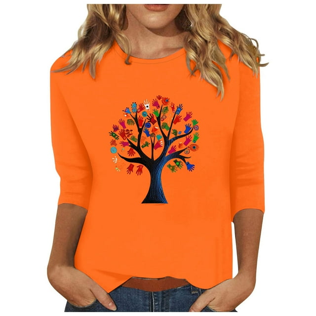 Dadaria Hauts pour Femmes Chemise Orange Manches 3/4 T-Shirt Col Rond Grande Taille Tee Été Chandail Blouses 3TG