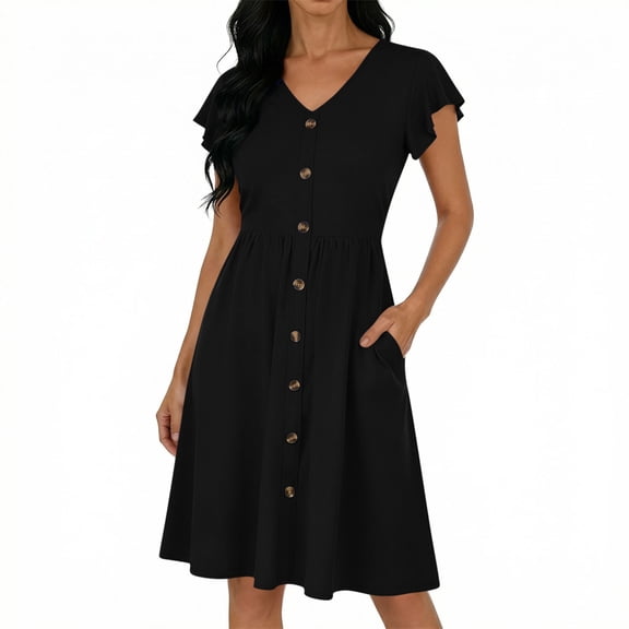 Guieoi Summer Dresses for Women 2026 Fashionable Solid-Color Flowy-Sleeve V-Neck Waist-Cinched Dress Black XXL