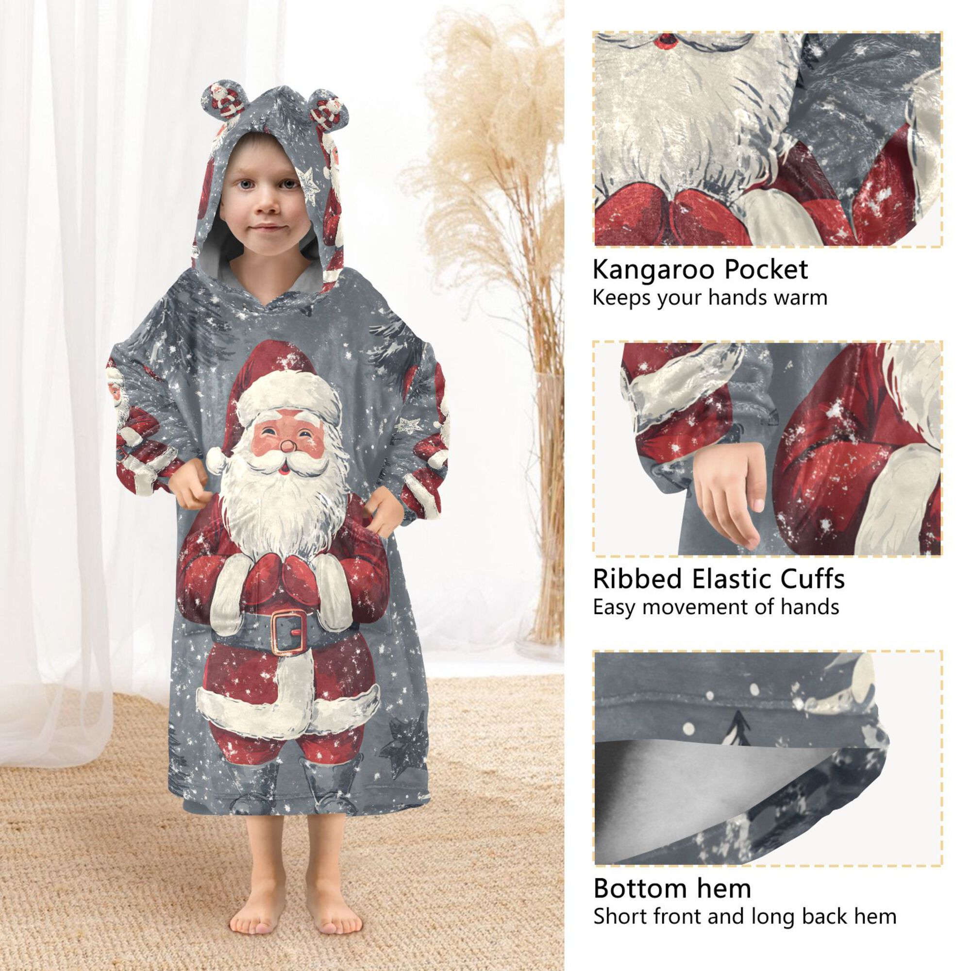 FORMRS Wearable Blanket Hoodie with Sleeves for Kids Cozy Flannel Sweatshirt, Christmas Santa