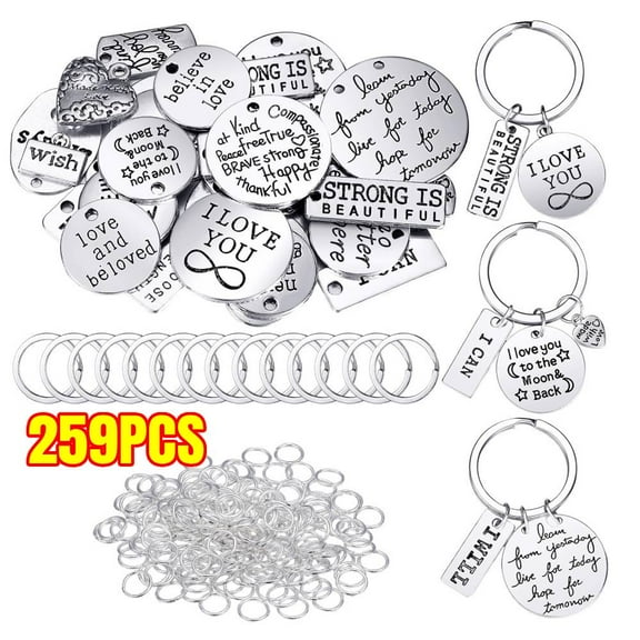 259 Pieces Inspirational Motivational Keychains Charms Pendant Bulk Keychains Inspirational Words Charms with Open Jump Rings Key Rings for Various DIY Necklaces Bracelets
