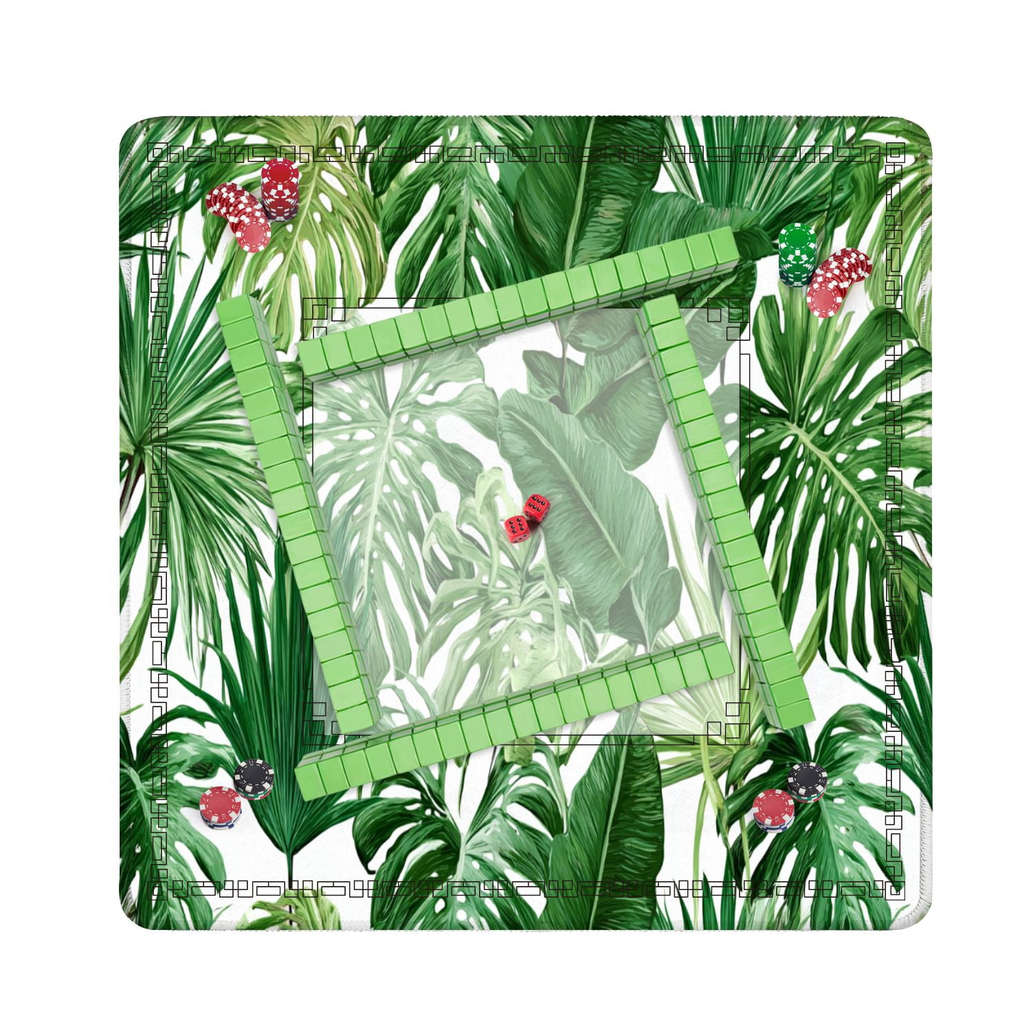Mahjong Mat 31.5" x 31.5" Tropical leaves Monstera strelitzia palms Watercolor seamless Non-Slip Noise Reduction American Mahjong Tiles Table Cover for Dominoes Poker Card Board Games Gift