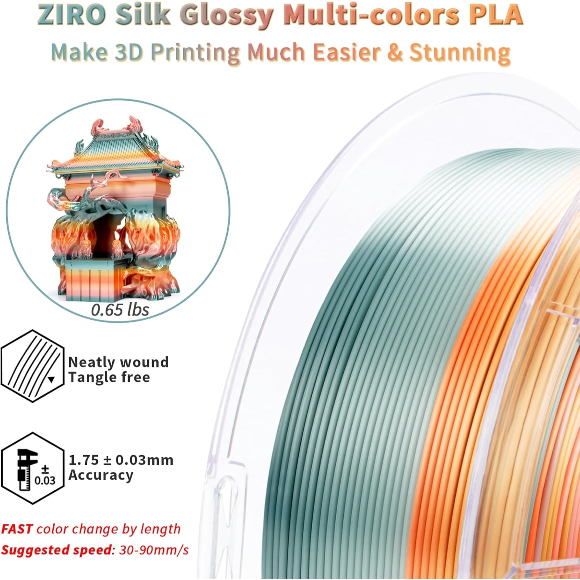 Ziro 3D Gradient Silk PLA Filament 1.75mm 1kg, Mellow horizon