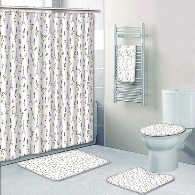 EREHome Eiffel avec des Fleurs de Lavande Eiffel Tour Rustique Printemps Inspiré Botanique 5 Pièce Salle de Bain Ensemble Douche Rideau Serviette de Bain Tapis de Bain Contour Tapis et Couvercle de Toilette
