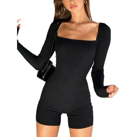 

Sunisery Womens Short Romper Ribbed Knit Bodysuit Square Neck Bodycon Stretch One Piece Jumpsuit Pajamas
