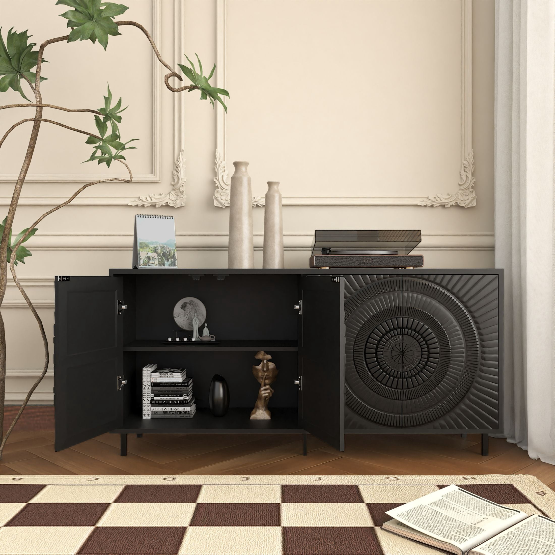 Noble House Fraser 60.3" Modern Sideboard Buffet Cabinet with Blister Doors & Adjustable Shelves, Black