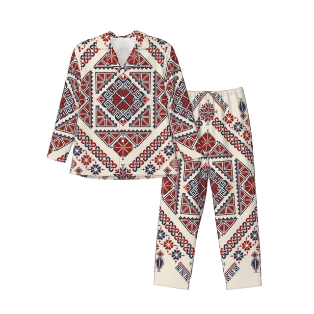 Balery Fashion Tatreez2 Pijama para Hombre de Dos Piezas con Manga Larga, Conjunto de Dormir y Descanso Suave con Bolsillos-Small
