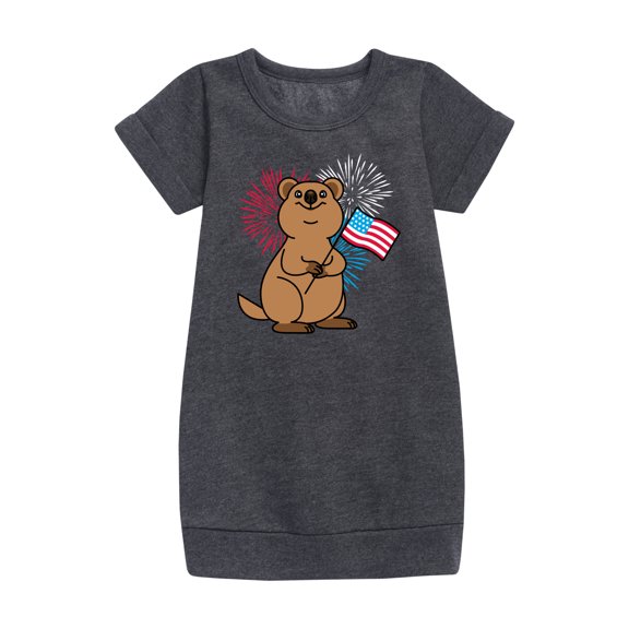 Instant Message - Quokka with American Flag & Fireworks - Toddler & Youth Girls Fleece Dress