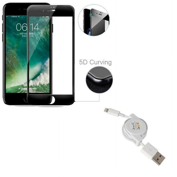 iPhone 8/7/6S/6 - Retractable USB Cable w Tempered Glass Screen Protector - Charger Power Cord Sync Wire, 5D Touch Curved Edge Full Cover Bubble Free Case Friendly for iPhone 8/7/6S/6
