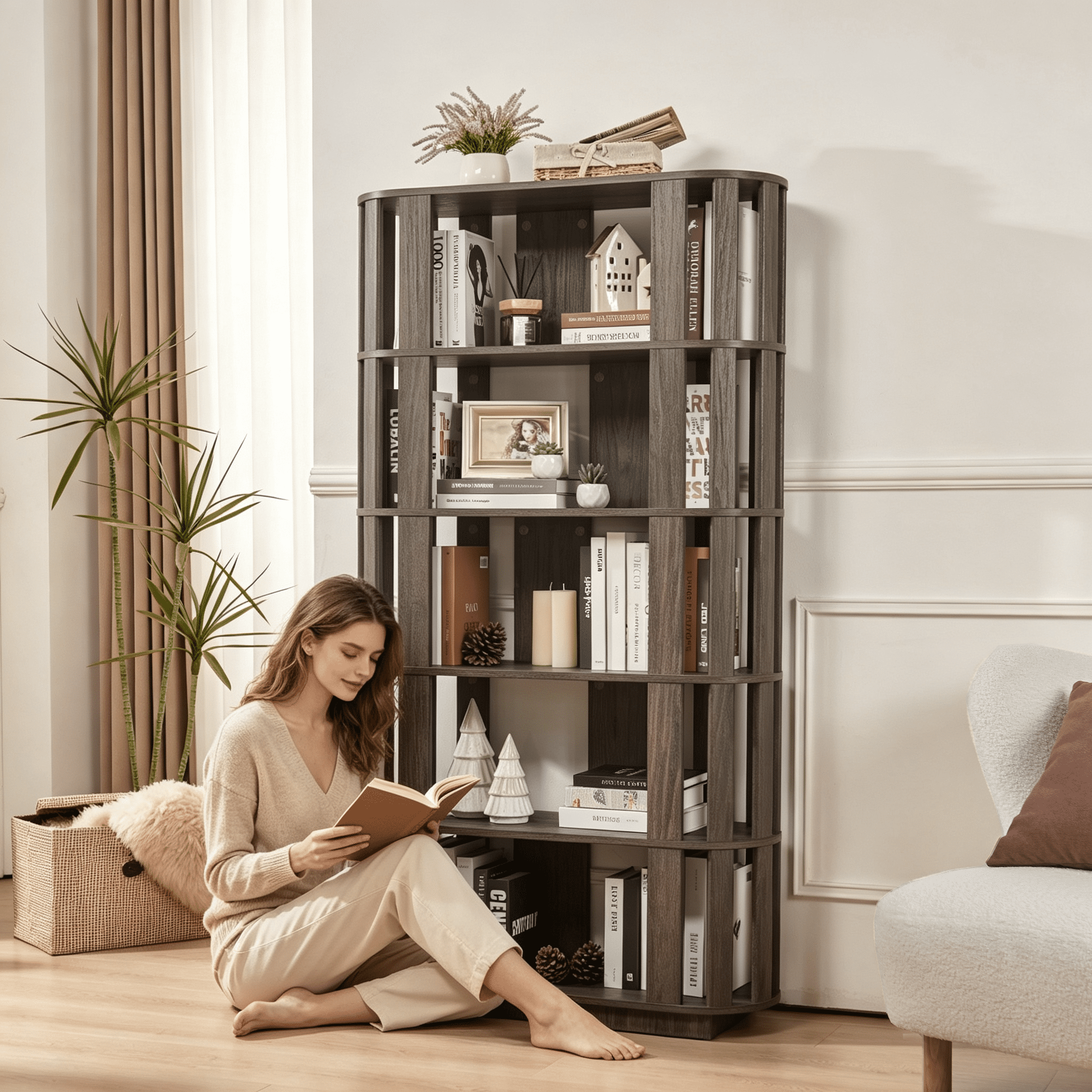 Wooden Oval Open Bookshelf, MDF Grid Frame Freestanding Bookcase, 5-Tier Easy Assembly Storage Display Rack for Living Room Home Office Decor, DIY Free Combination Storage Cabinet Study Room