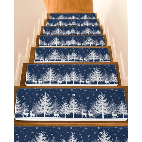 Christmas Blue Stair Treads for Wooden Steps Indoor Runner Rug Carpet, White Xmas Tree Elk Winter Snowflake 7 Pieces Peel and Stick Staircase Step Treads Covers Washable Throw Door Mats, 30"x8"
