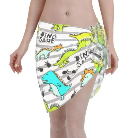 Ocsxa Funny Dinosaurs On Stripes Print Sarong Coverups For Women Bathing Suit Wrap Swimsuit Skirt Beach Bikini Cover Up Swimwear