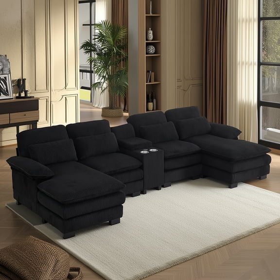 133"Comfortable and Plush Living Room Sectional Sofa with Double Recliner and Deep Seat, Corduroy U-Shaped Cloud Sectional Couch with Center Console, Black