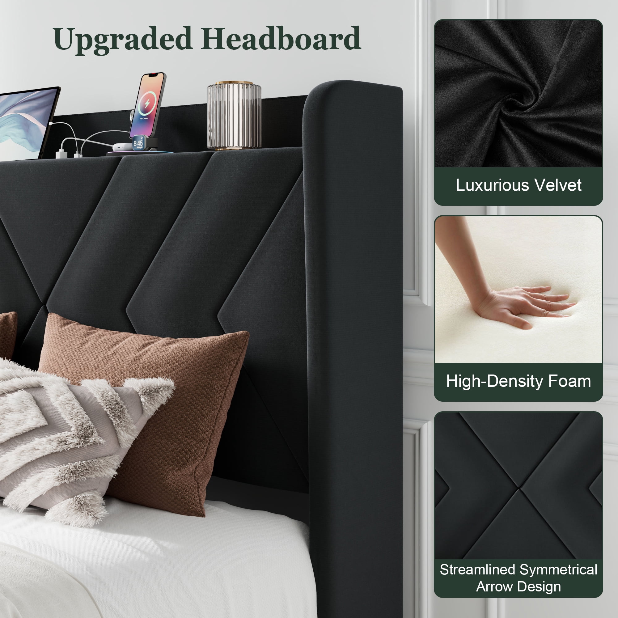 Amolife Full Size Platform Bed Frame with 4-in-1 Charging Station & Storage Shelf, Upholstered Velvet Wingback Headboard, Black